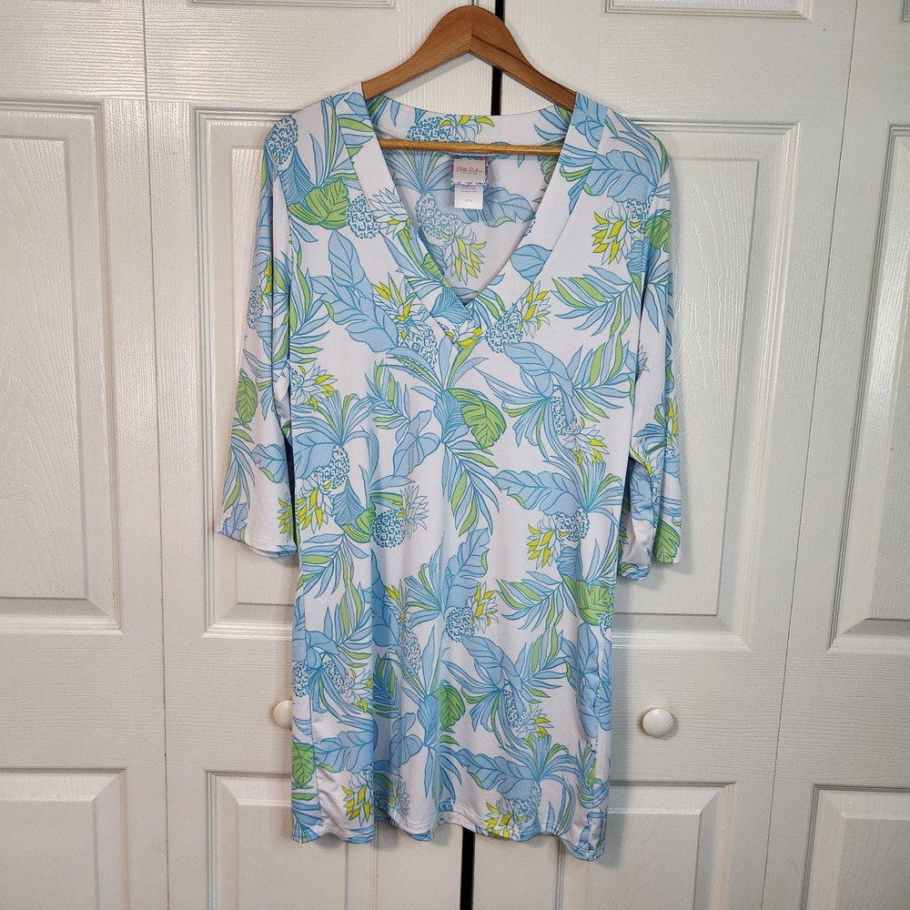 Stella Parker Collection Blue Green Pineapple Tropical Mini Dress Medium Beach